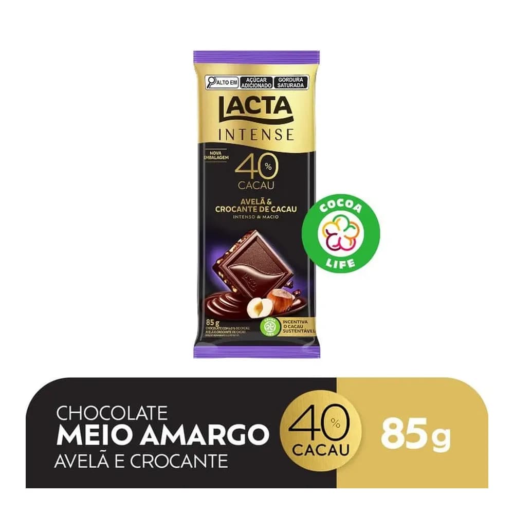 Chocolate intense meio amargo 40% avela e crocante lacta 85g