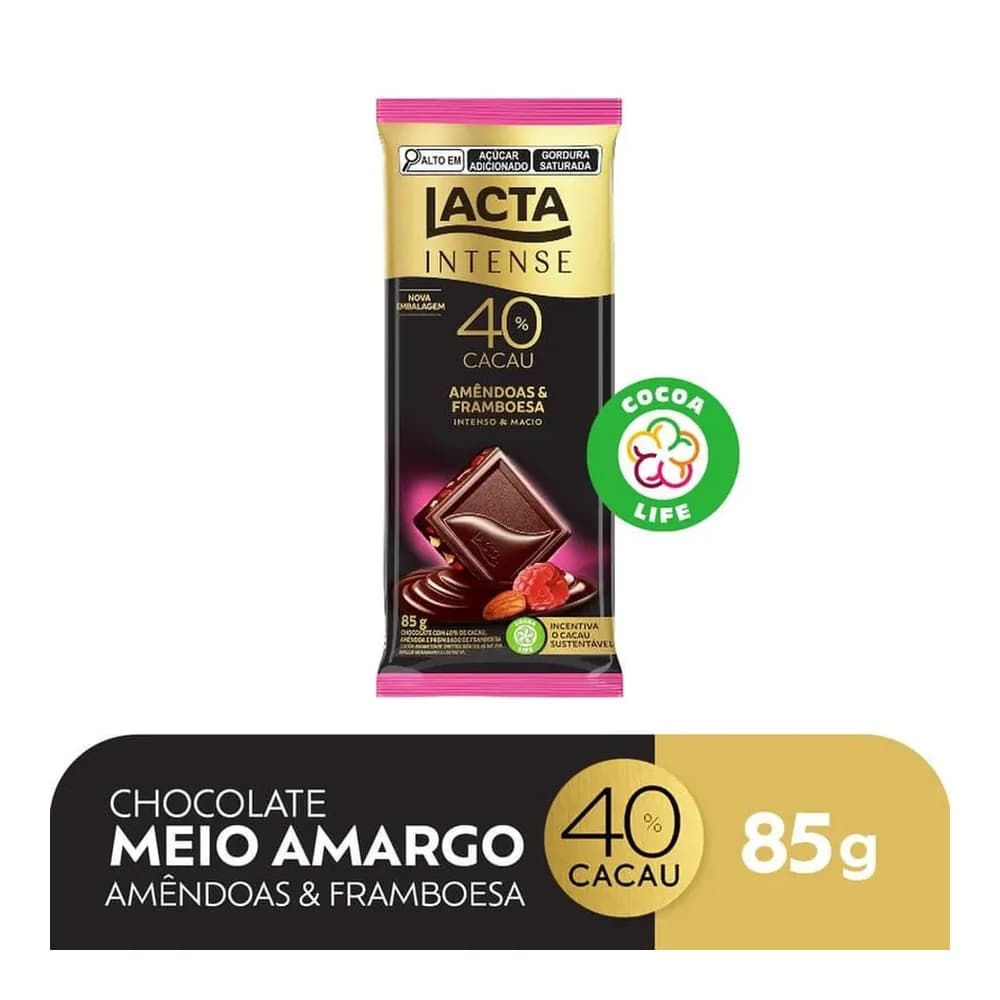 Chocolate intense meio amargo 40% amendoas e framboesa lacta 85g