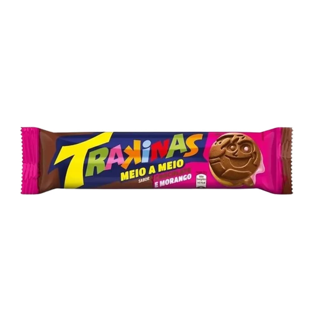 Biscoito recheado meio a meio chocolate e morango trakinas 126g