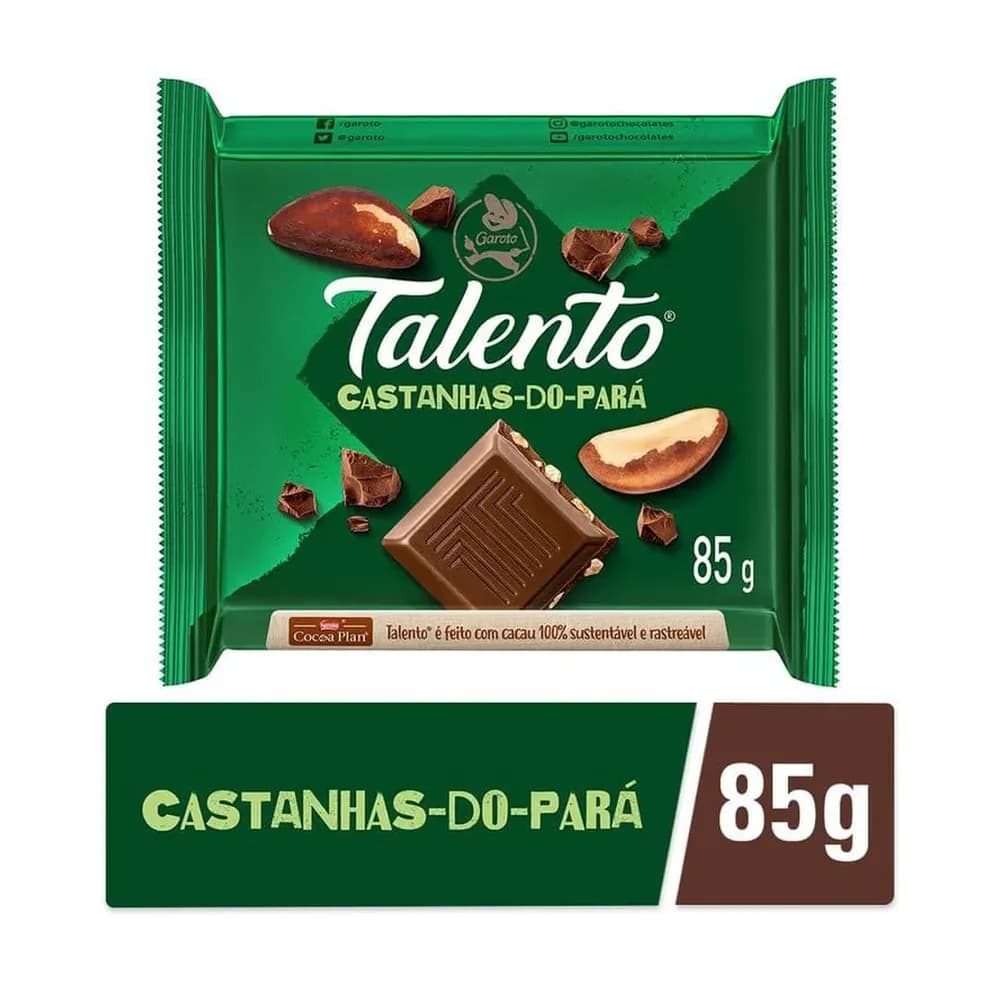 Barra de chocolate castanha-do-para talento 85g