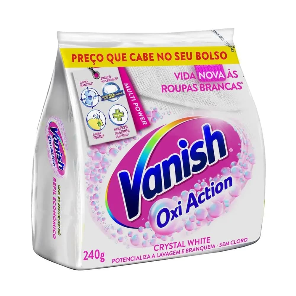 Tira manchas em po crystal white oxi action para roupas brancas vanish 240g refil economico