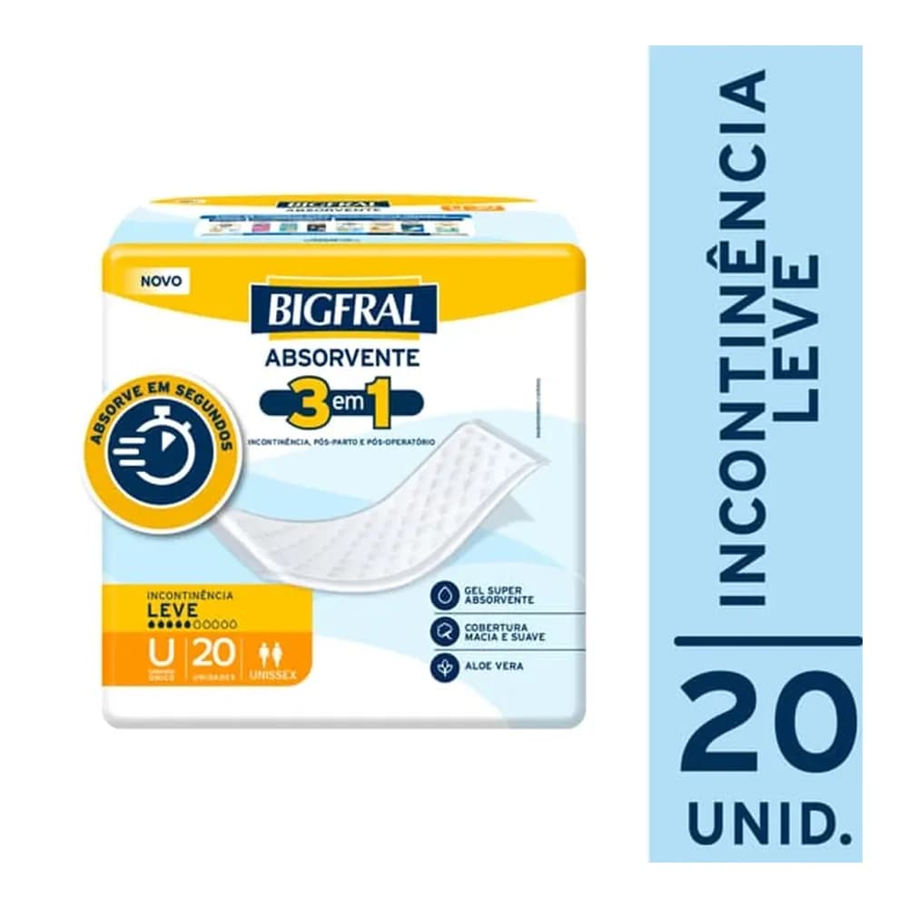 Absorvente para incontinencia bigfral regular plus tamanho unico pacote 20 unidades