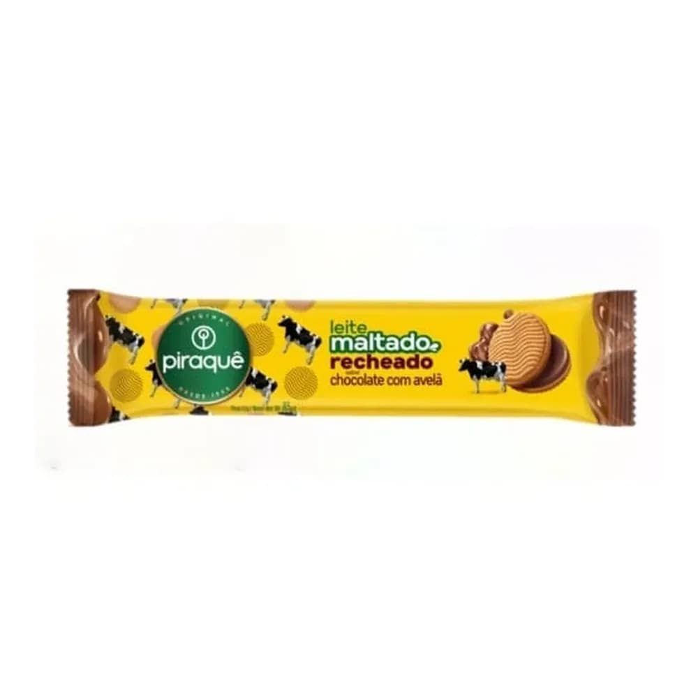 Biscoito ao leite maltado recheio chocolate com avela piraque 85g