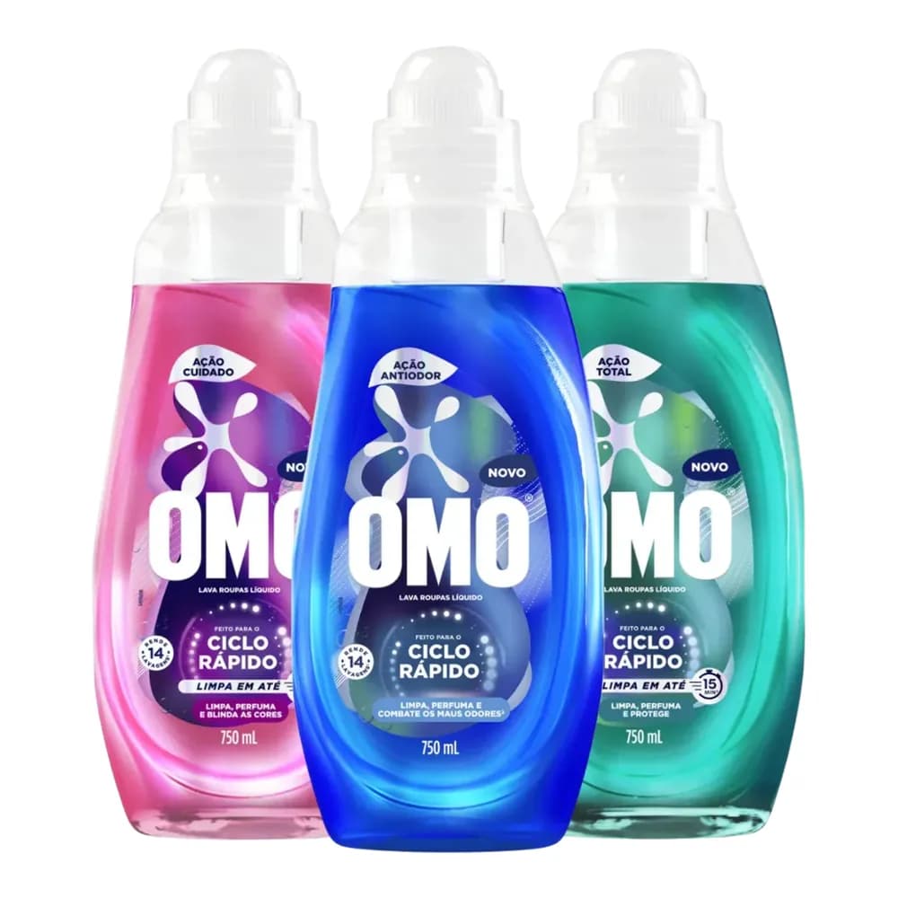 Lava roupas liquido omo ciclo rapido açao cuidado 750ml