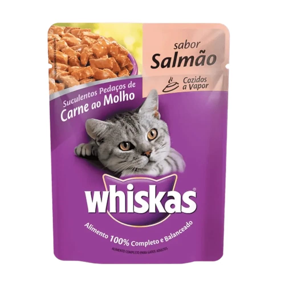 Racao umida para gatos adultos sabor salmao ao molho whiskas 85g