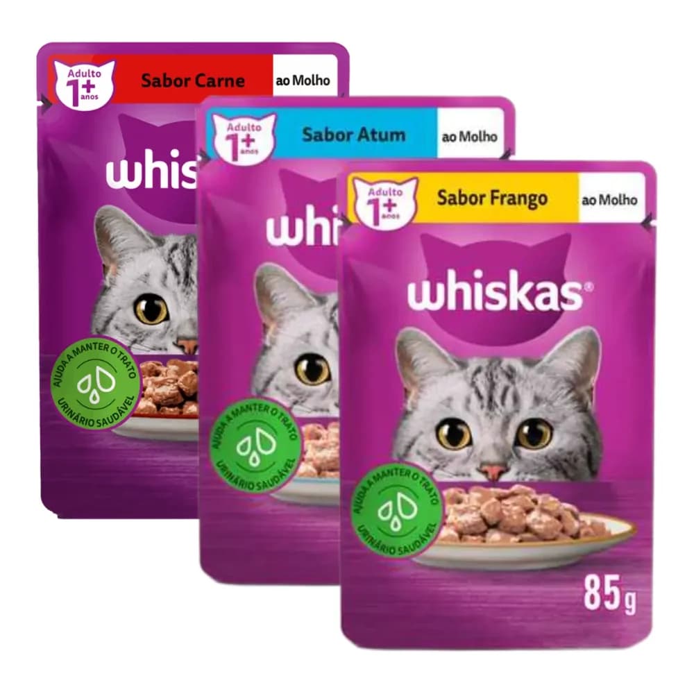 Racao umida para gatos adultos sabor carne ao molho whiskas 85g