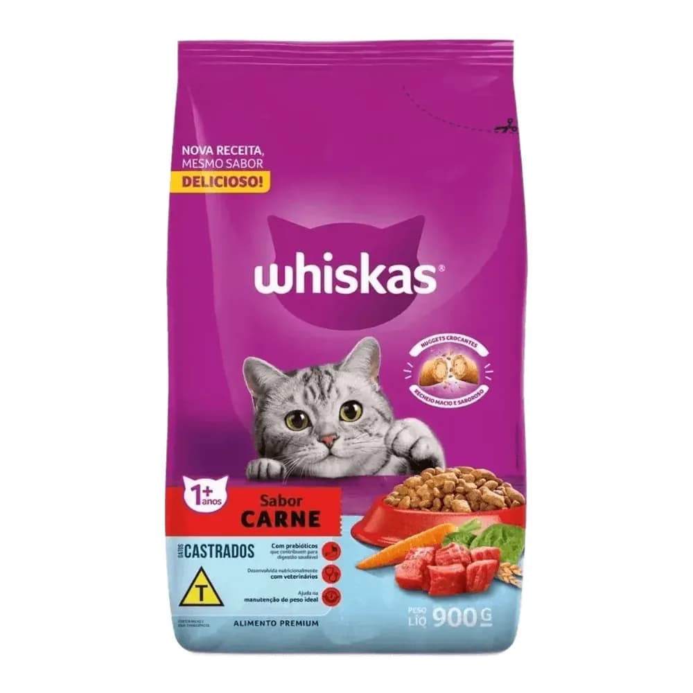 Racao para gatos adultos castrados sabor carne whiskas 900g