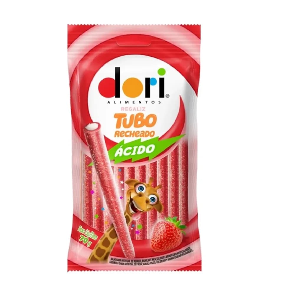 Bala dori regaliz tubo morango embalagem 70g
