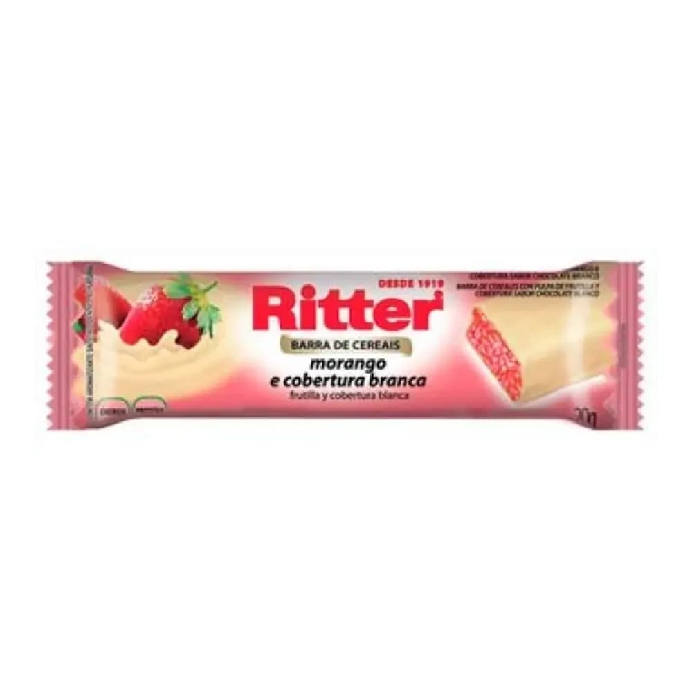 Barra cereal ritter morango com chocolate branco embalagem 25g