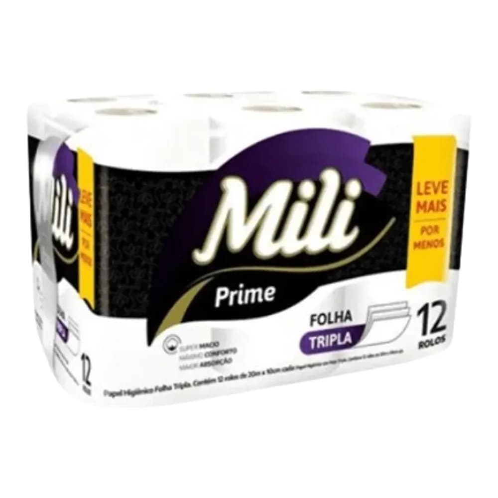 Papel higienico prime folha tripla 20m mili com 12 rolos