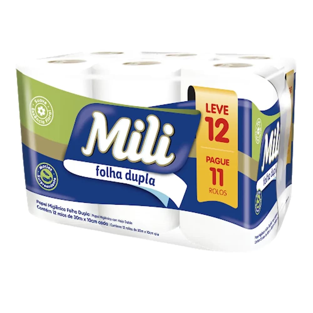 Papel higienico folha dupla 30m mili com 12 rolos