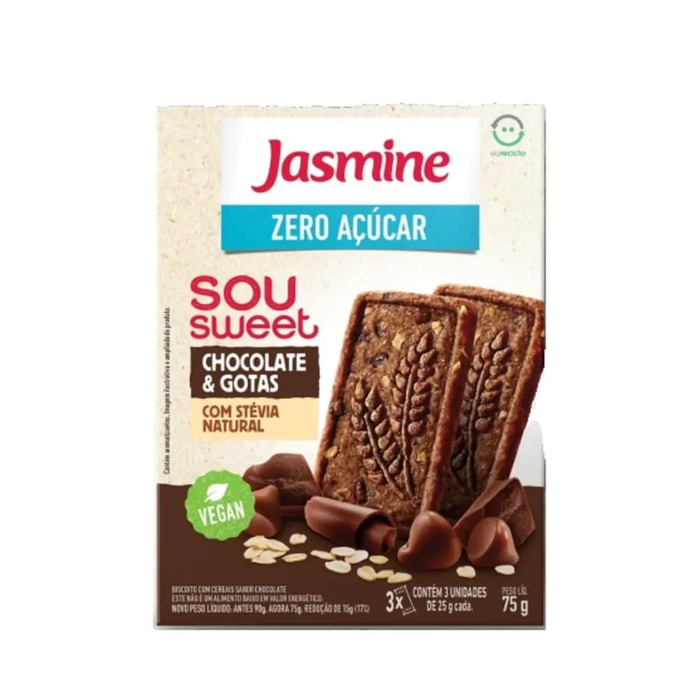 Biscoito com cereais jasmine zero acucar sou sweet chocolate & gotas embalagem 75g