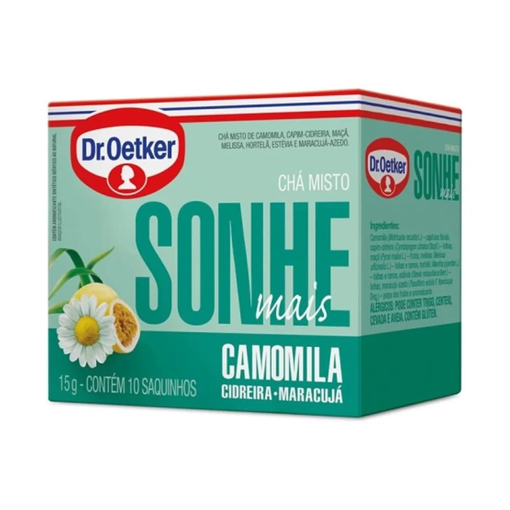 Cha misto camomila, cidreira e maracuja sonhe mais dr. oetker embalagem 15g - com 10 saches