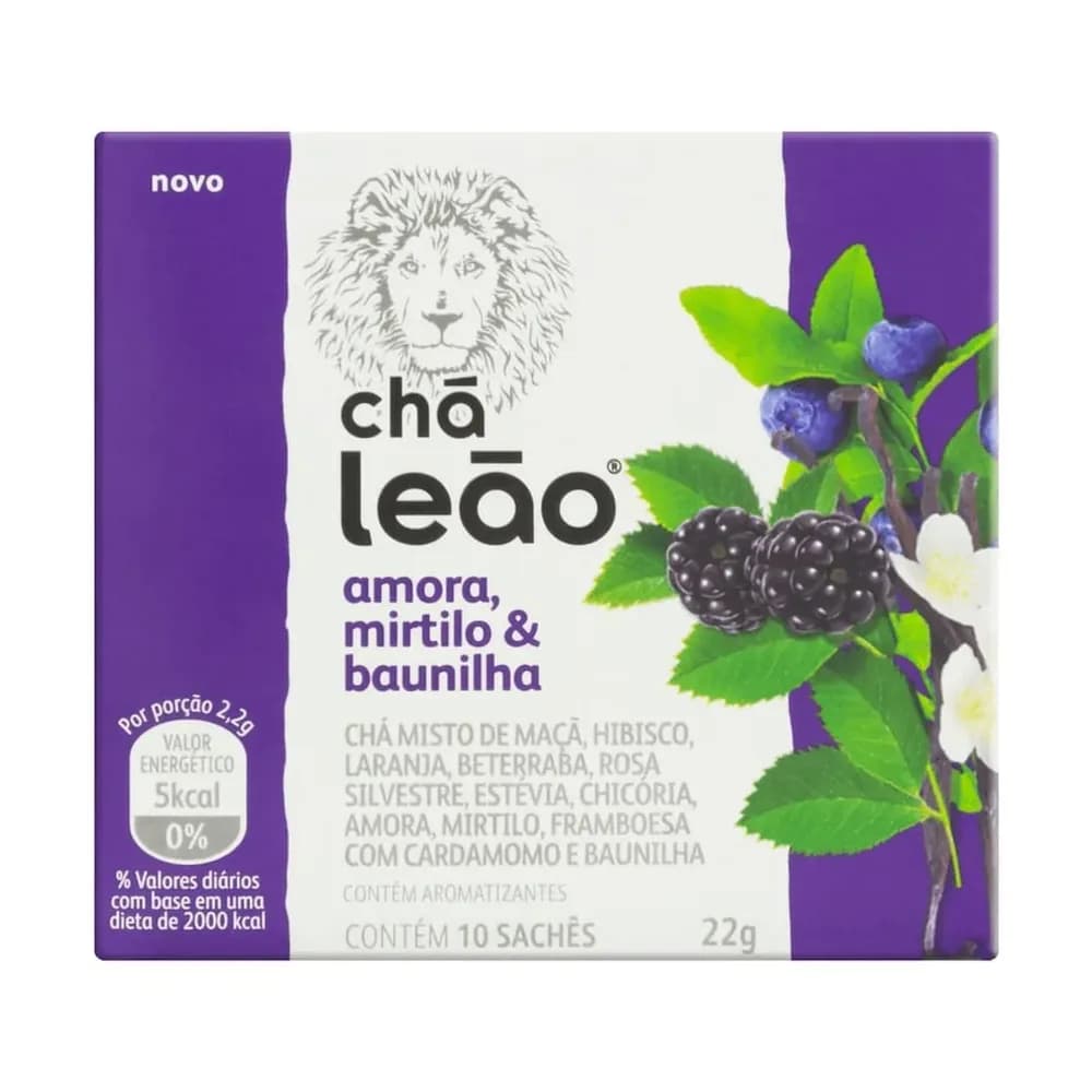 Cha sabor amora mirtilo e baunilha leao 22g caixa com 10un