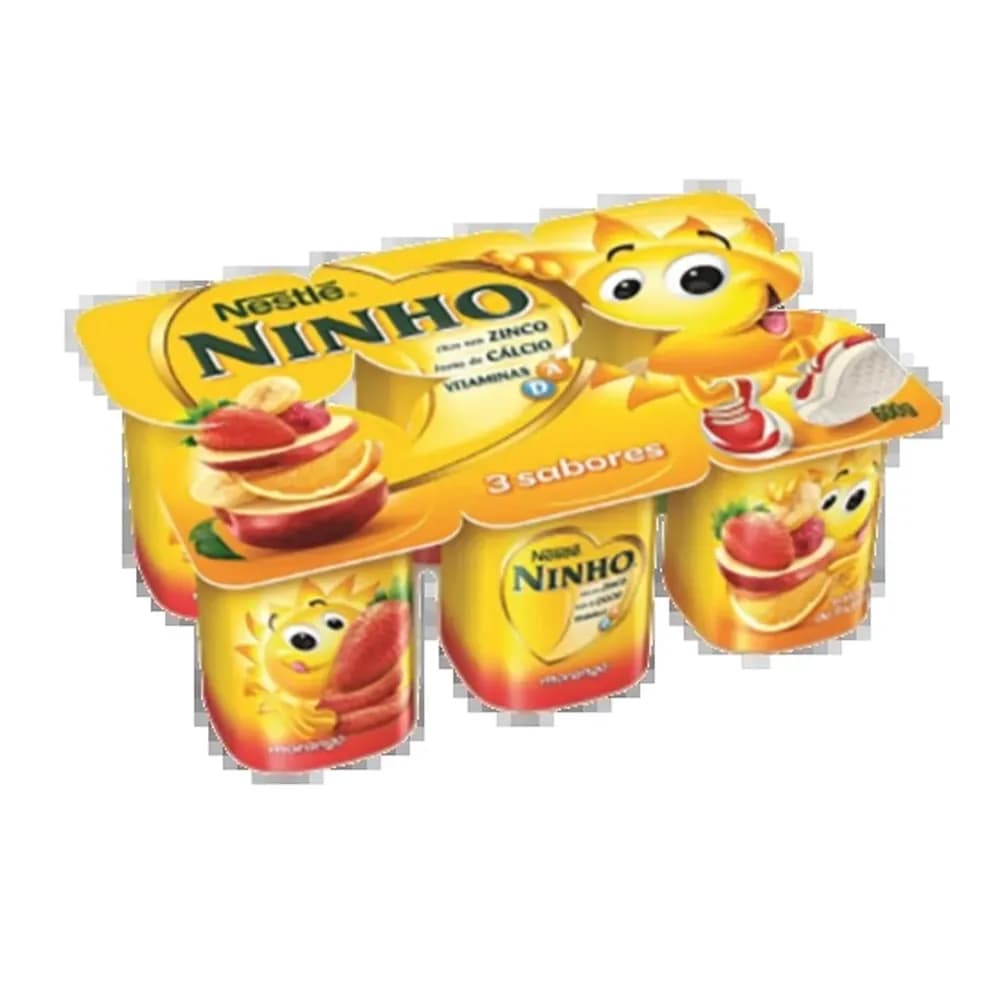 Iogurte parcialmente desnatado morango + salada de frutas + maca e banana ninho forti+ bandeja 540g 6 unidades